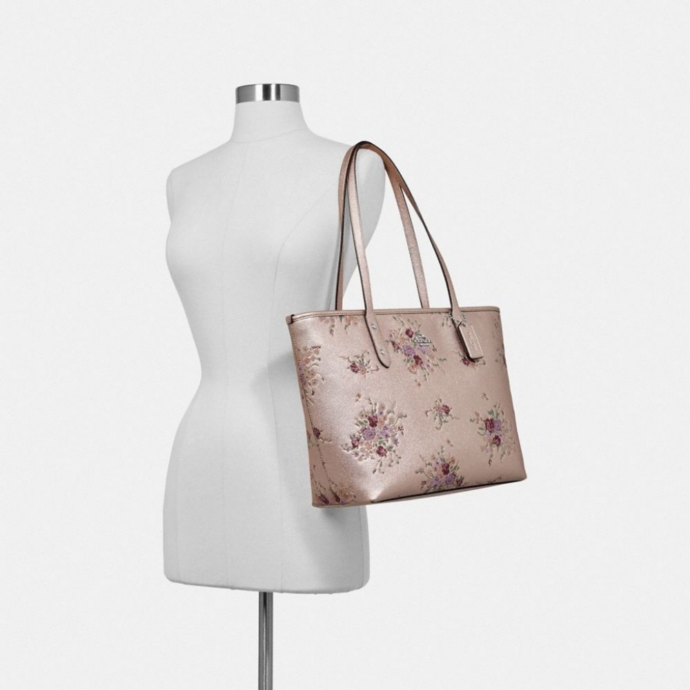 Authentic Coach Platinum Floral City Tote Handbag - Picture 2 of 3